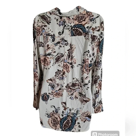 Chico’s Small (0) Beige Blue Floral Lace-Up Blouse Boho Western Collared Top - Picture 4 of 8